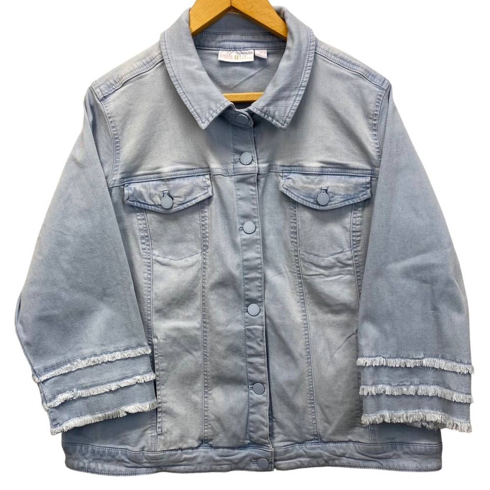 Belle by Kim Gravel Light Wash Denim Jacket Triple Fringe Sleeve Plus Size 1X